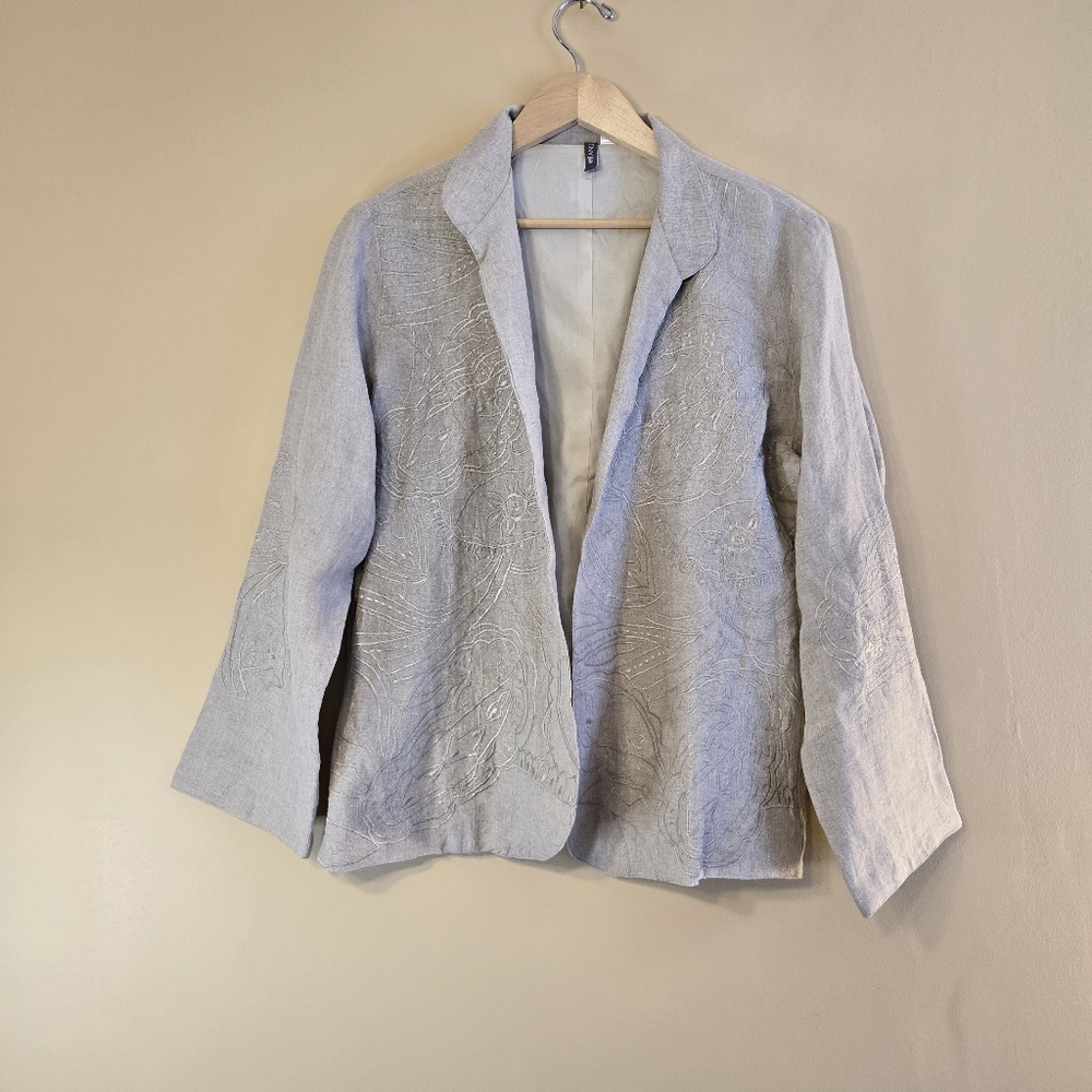 100% Linen Large Tan Blazer Large Casual Front Open Women's Simple Embroidered